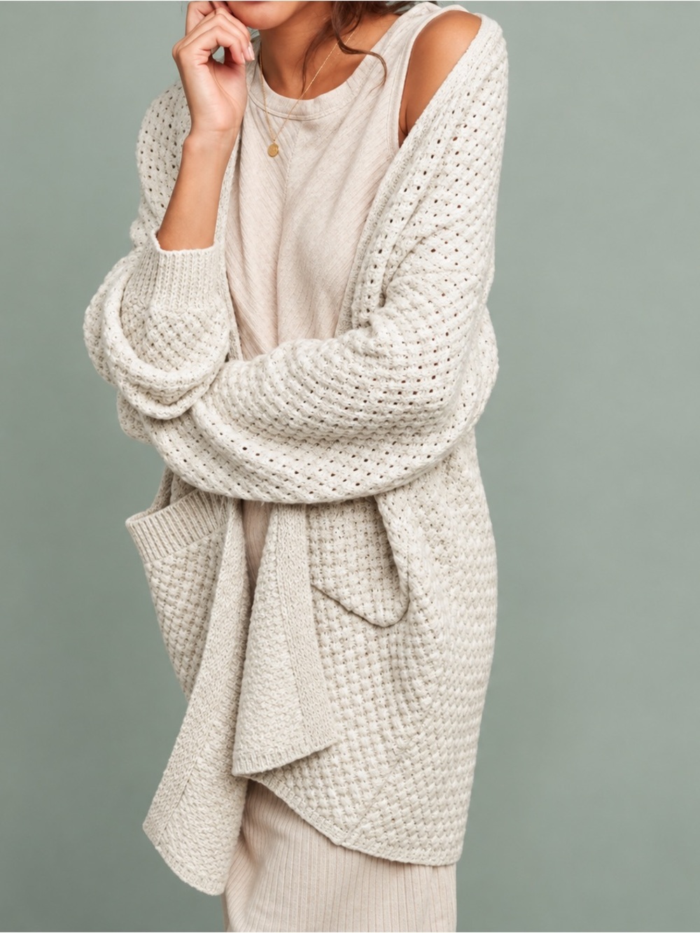 Anthropologie Moth Basketweave Knit Longline Cardigan Sweater XS Wool Blend